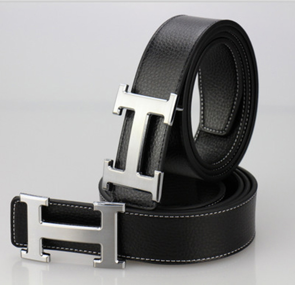 Mens Black Hermes H Silver Buckle Belt zavael.com